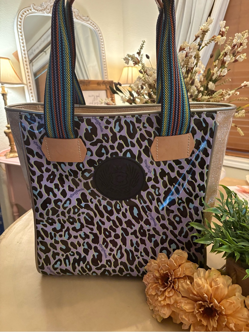 Leopard Print Tote Bag with Rainbow Straps - Multicolor